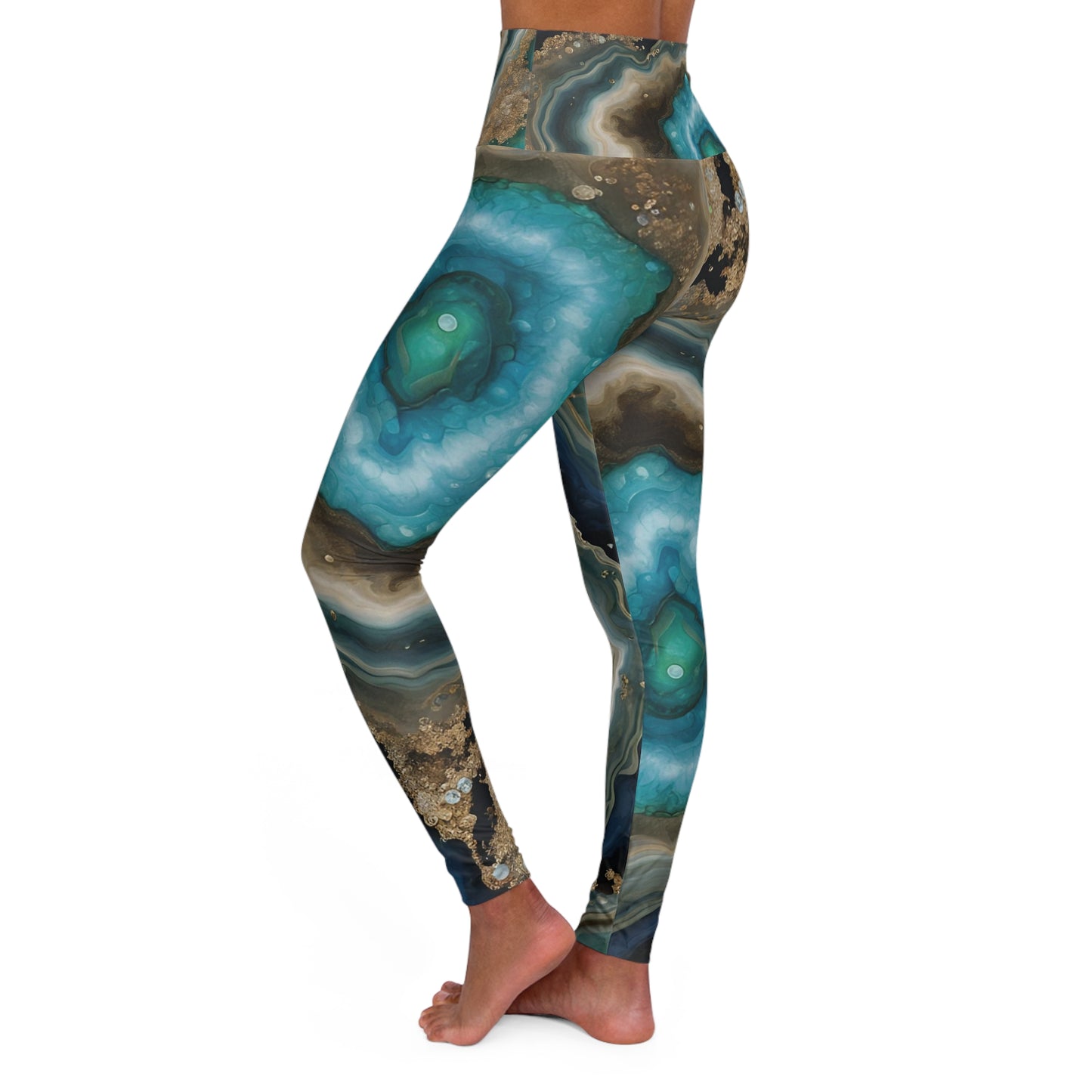 TURQUOISE HIGH WAISTED ALL OVER PRINT GEODE YOGA PANTS-All Over Prints-Printify-JipsiJunk