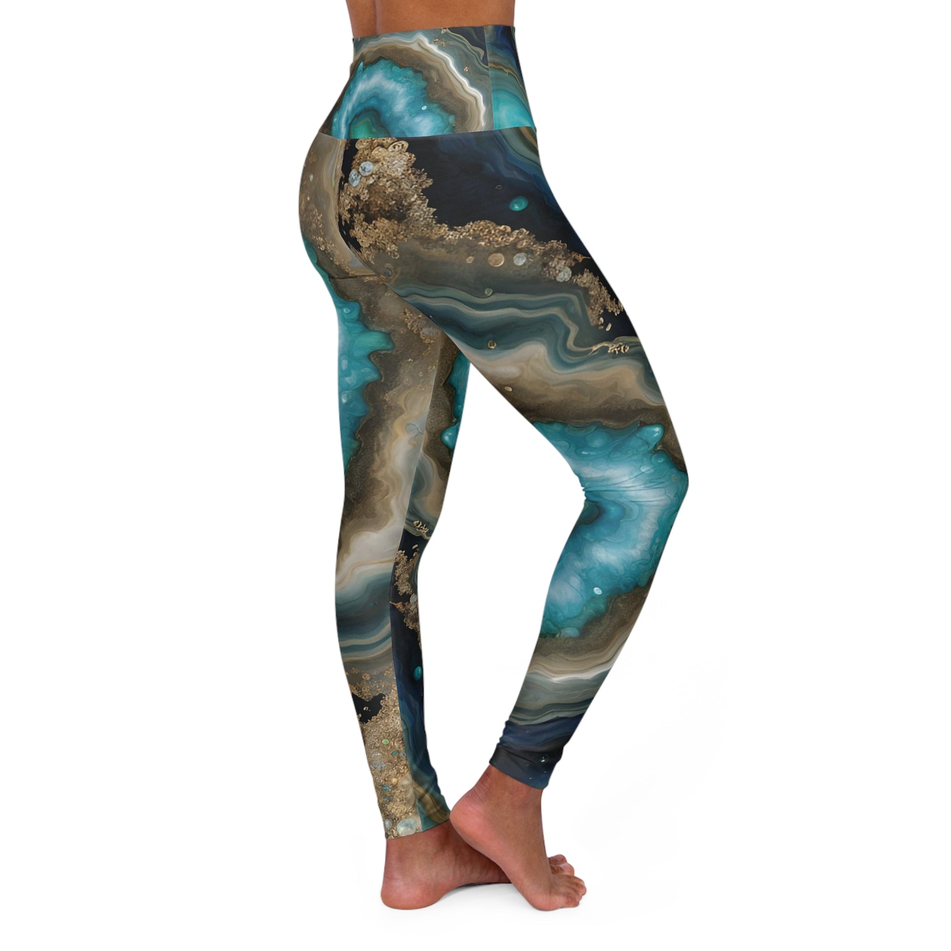 TURQUOISE HIGH WAISTED ALL OVER PRINT GEODE YOGA PANTS-All Over Prints-Printify-JipsiJunk