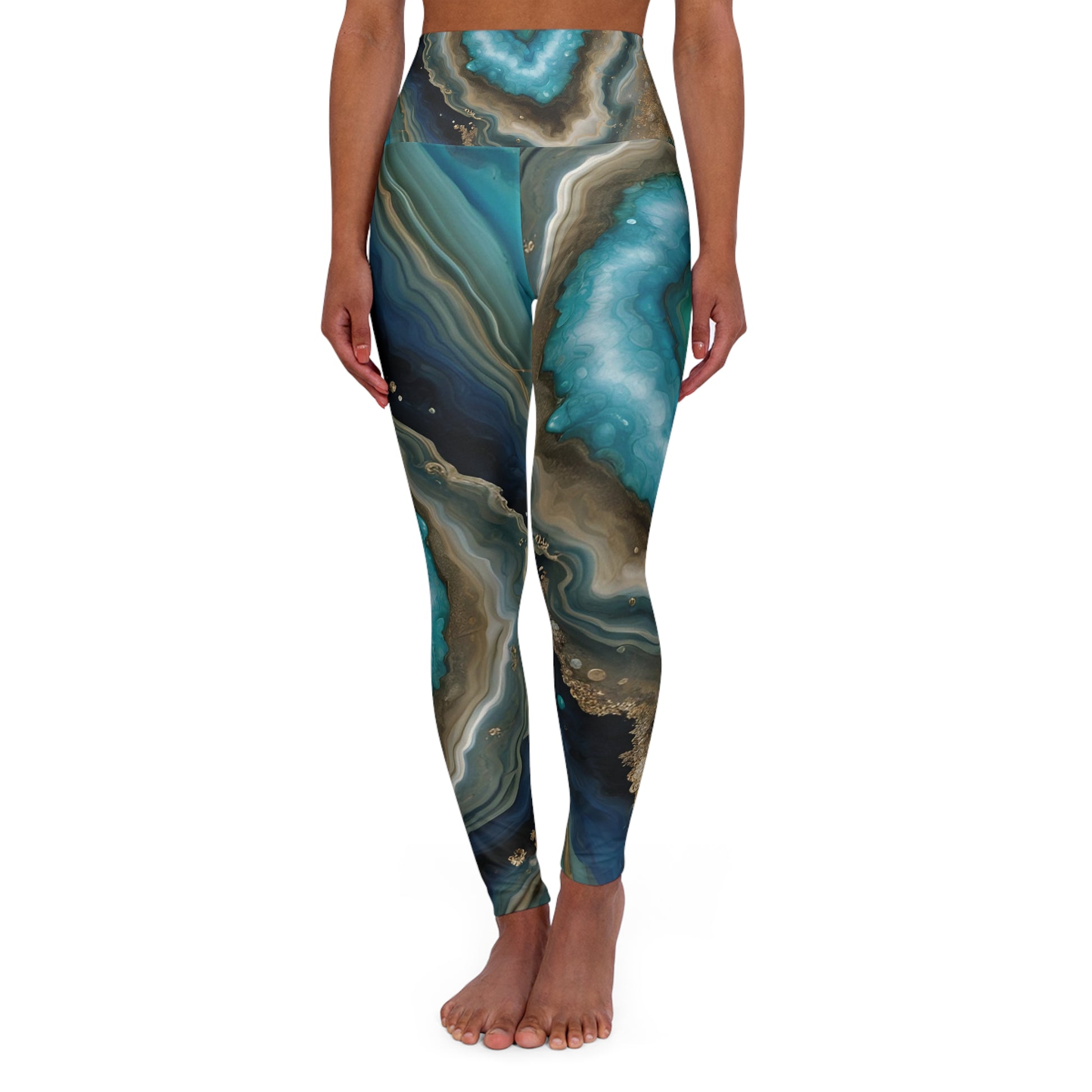 TURQUOISE HIGH WAISTED ALL OVER PRINT GEODE YOGA PANTS-All Over Prints-Printify-JipsiJunk