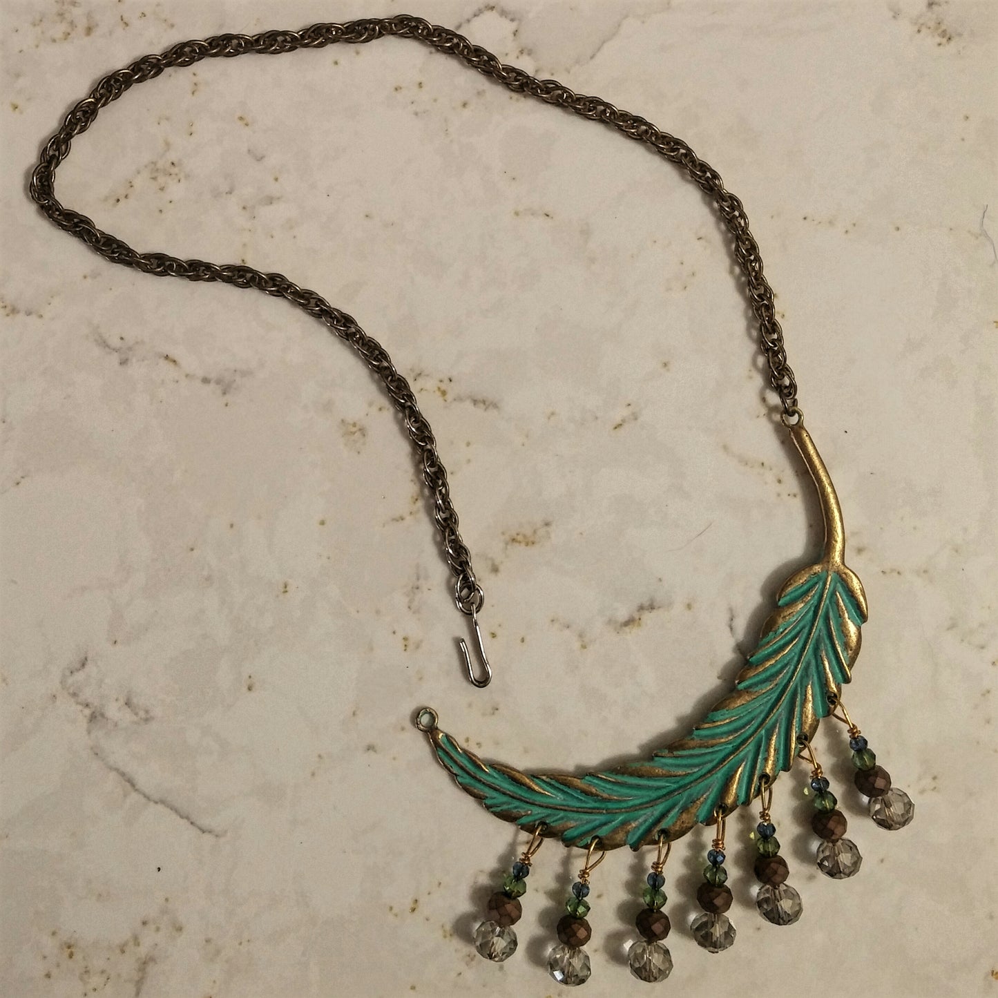 GREEN PATINA BRONZE FEATHER BIB WITH BEADED DANGLES-NECKLACES-Jipsi Junk-JipsiJunk