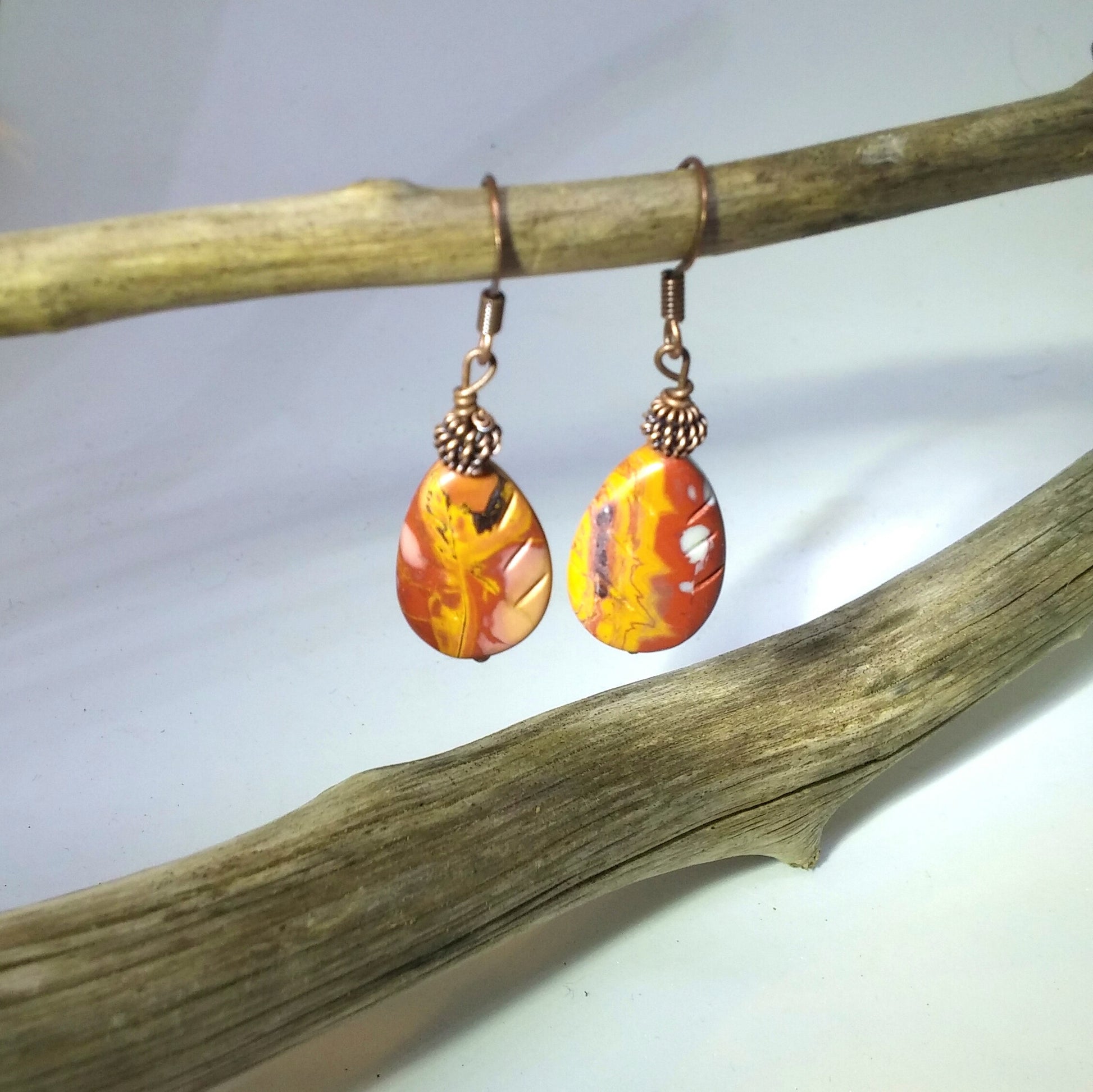 CARVED LEAF NOREENA JASPER AND COPPER COIL EARRINGS-EARRINGS-JipsiJunk-JipsiJunk