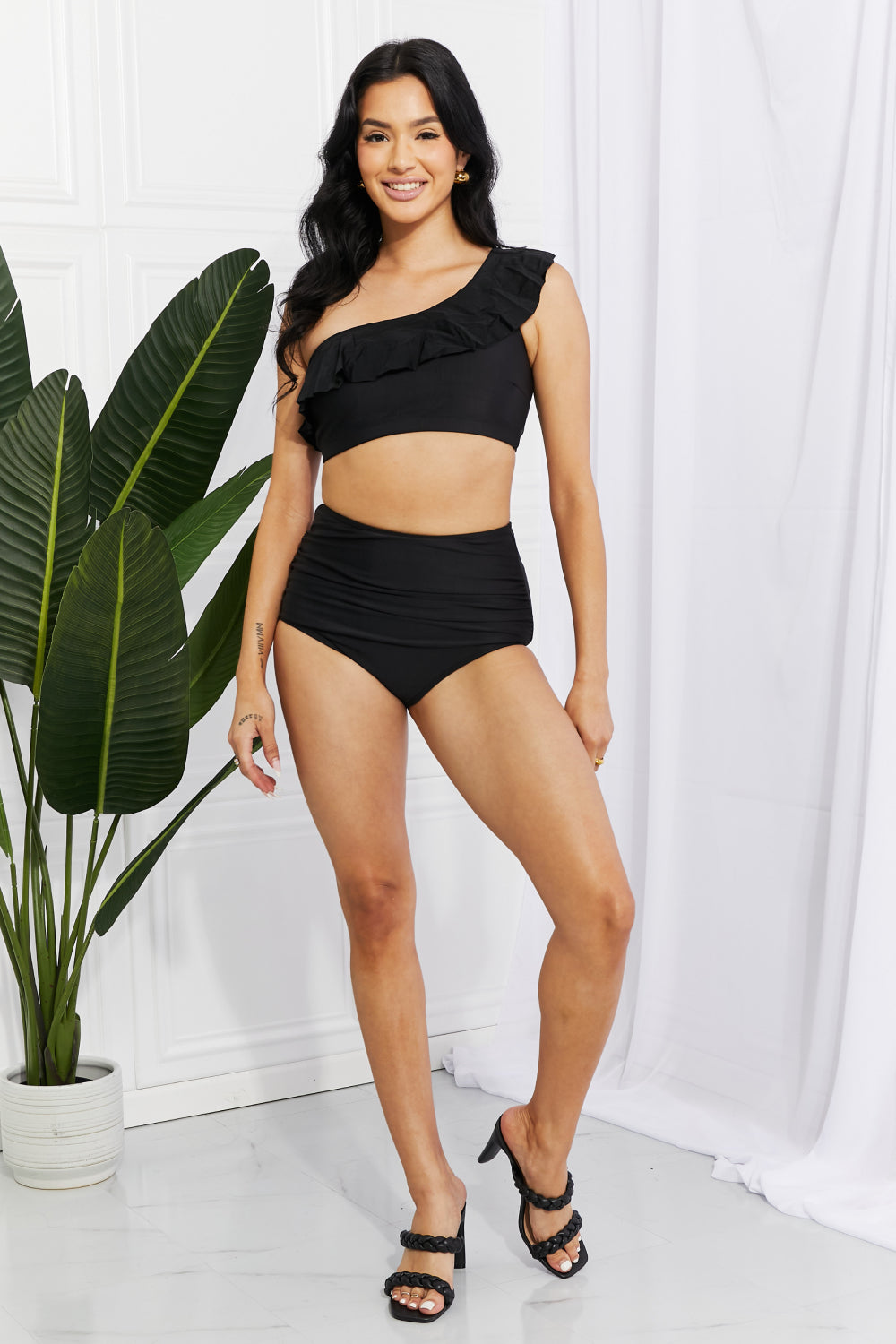 Marina West Swim Seaside Romance Ruffle One-Shoulder Bikini in Black-Swimwear-Trendsi-JipsiJunk