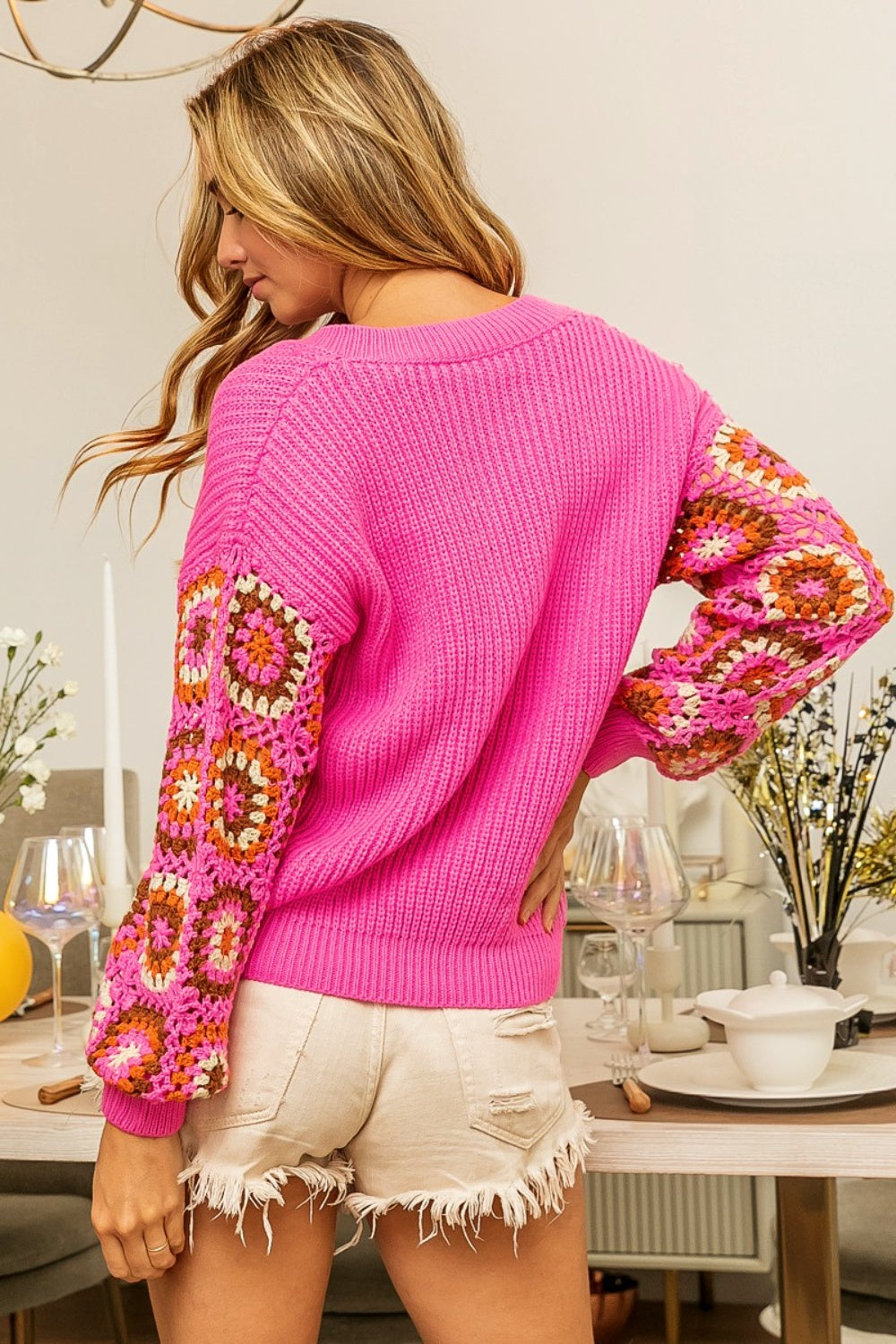 BiBi V-Neck Crochet Long Sleeve Sweater-Tops-Trendsi-JipsiJunk