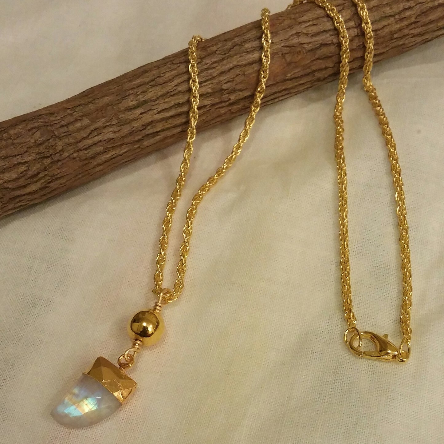 GOLD AND RAINBOW MOONSTONE TUSK NECKLACE-NECKLACES-JipsiJunk-JipsiJunk